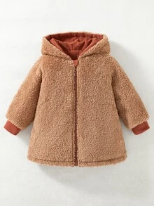 SHEIN 幼女連帽夾克 可愛西式棕色陶土色燈芯絨 毛絨內裡可正反穿長袖加厚拉鍊上衣 冬季聖誕秋季派對款 - 卡其色 - 查看 4