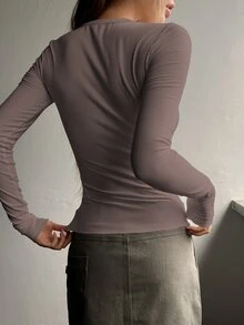 DAZY Half Button Ribbed Knit Tee,Fall Clothes Long Sleeve Women Tops - Brown - View 2