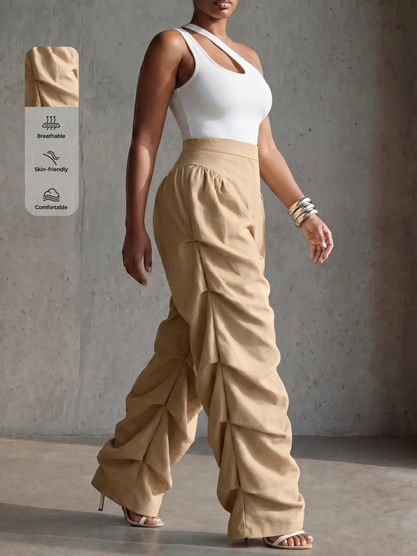 BamGlimmer Celana Panjang Wanita Model Oversized Warna Khaki Musim Baru dengan Pinggang Berkerut dan Detail Serut, Gaya Kasual Modis, Cocok untuk Bepergian, Liburan, Pakaian Sehari-hari, Kembali ke Sekolah, dan Acara Pesta.