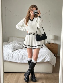 SHEIN Teen Girls Sweater Set, Long Sleeve V-Neck Pullover Top With Striped Mini Skirt, Black And White, Suitable For Spring, Autumn, Winter, Preppy Style - White - View 4