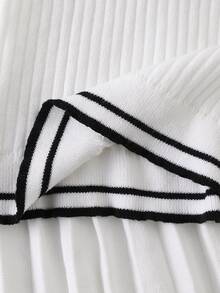 SHEIN Teen Girls Sweater Set, Long Sleeve V-Neck Pullover Top With Striped Mini Skirt, Black And White, Suitable For Spring, Autumn, Winter, Preppy Style - White - View 8