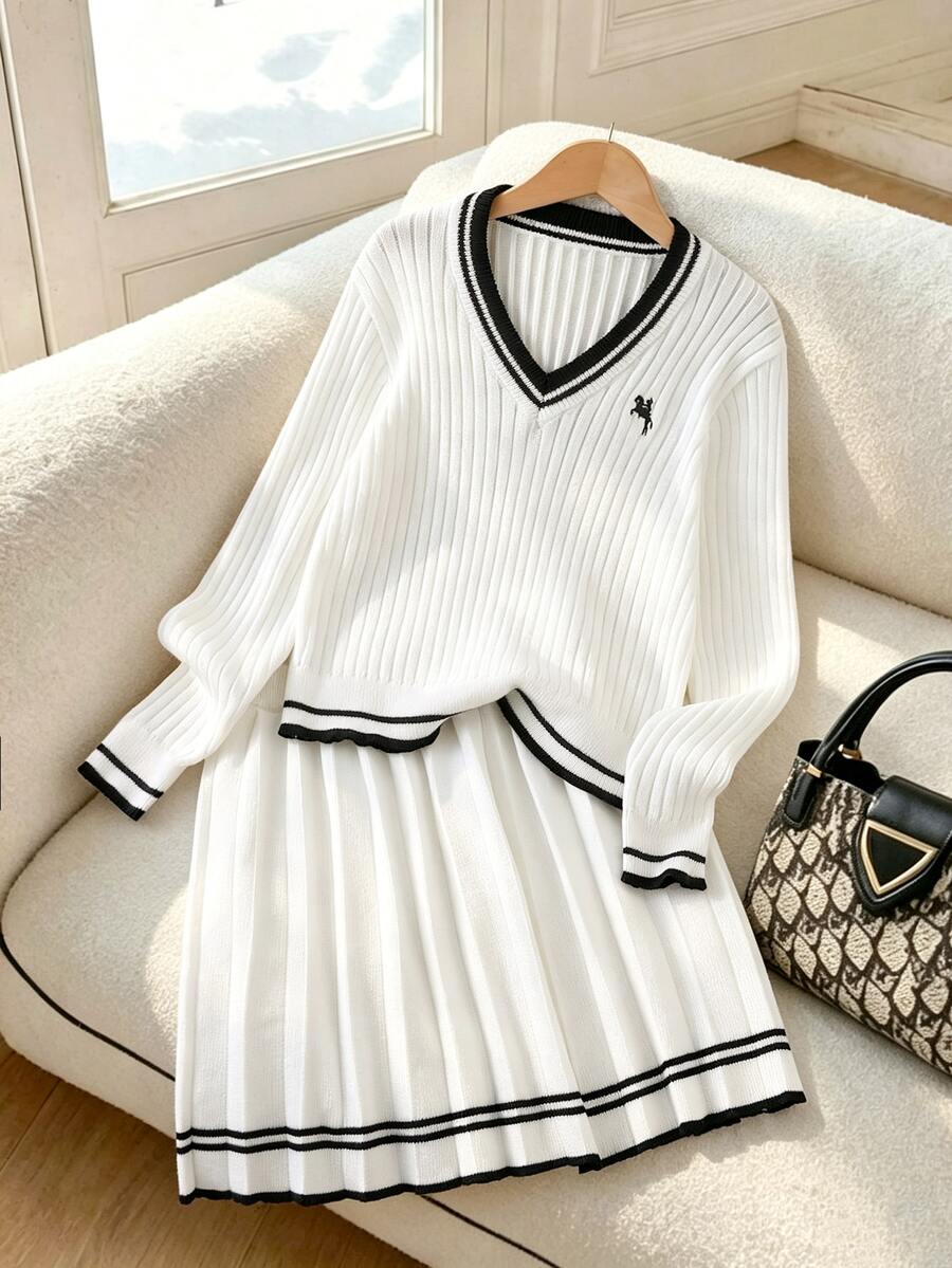 SHEIN Teen Girls Sweater Set, Long Sleeve V-Neck Pullover Top With Striped Mini Skirt, Black And White, Suitable For Spring, Autumn, Winter, Preppy Style