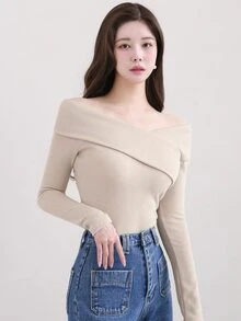 DAZY 女款圓領露肩優雅休閒T恤，杏色，春夏秋長袖女上衣，外出穿搭上衣 - 杏色 - 查看 5