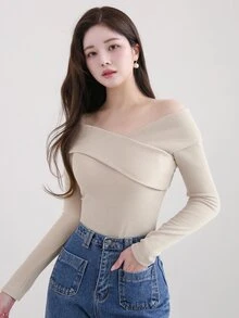 DAZY 女款圓領露肩優雅休閒T恤，杏色，春夏秋長袖女上衣，外出穿搭上衣 - 杏色 - 查看 1
