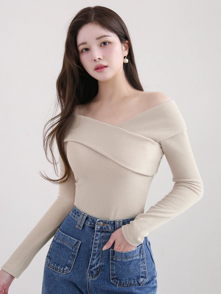 DAZY 女款圓領露肩優雅休閒T恤,杏色,春夏秋長袖女上衣,外出穿搭上衣 - 杏色 - 查看 1