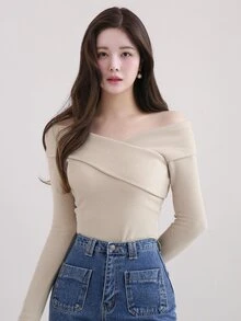 DAZY 女款圓領露肩優雅休閒T恤，杏色，春夏秋長袖女上衣，外出穿搭上衣 - 杏色 - 查看 7