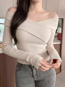 DAZY 女款圓領露肩優雅休閒T恤，杏色，春夏秋長袖女上衣，外出穿搭上衣 - 杏色 - 查看 8
