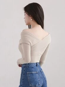 DAZY 女款圓領露肩優雅休閒T恤，杏色，春夏秋長袖女上衣，外出穿搭上衣 - 杏色 - 查看 2