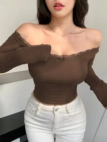 DAZY Women's Off-Shoulder Fitted Lace Patchwork T-Shirt Going Out Tops,Off Shoulder Top Long Sleeve Women Tops,Fall Women Clothes - Brown - View 4