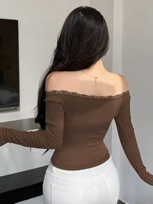 DAZY Women's Off-Shoulder Fitted Lace Patchwork T-Shirt Going Out Tops,Off Shoulder Top Long Sleeve Women Tops,Fall Women Clothes - Brown - View 2