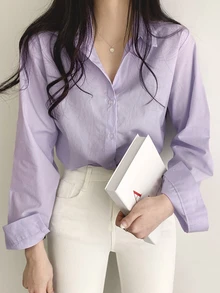 DAZY 纯色纽扣前襟衬衫、长袖上衣 - 紫丁香色 - 查看 10