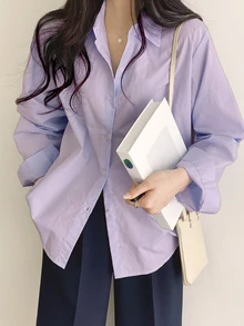 DAZY 纯色纽扣前襟衬衫、长袖上衣 - 紫丁香色 - 查看 4