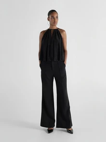 KSTM Sparkle Halter Neck Crop Cami Top With Metallic Lurex Stripes Ruched Tie Back Flowy Silhouette Evening Party Holiday - Black - View 3