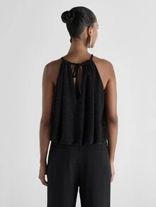 KSTM Sparkle Halter Neck Crop Cami Top With Metallic Lurex Stripes Ruched Tie Back Flowy Silhouette Evening Party Holiday - Black - View 2