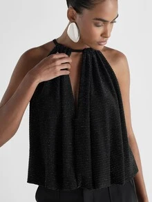 KSTM Sparkle Halter Neck Crop Cami Top With Metallic Lurex Stripes Ruched Tie Back Flowy Silhouette Evening Party Holiday - Black - View 5