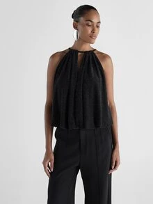 KSTM Sparkle Halter Neck Crop Cami Top With Metallic Lurex Stripes Ruched Tie Back Flowy Silhouette Evening Party Holiday - Black - View 4