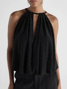 KSTM Sparkle Halter Neck Crop Cami Top With Metallic Lurex Stripes Ruched Tie Back Flowy Silhouette Evening Party Holiday - Black - View 1