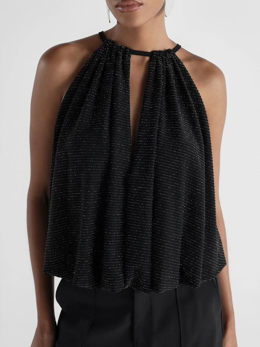 KSTM Sparkle Halter Neck Crop Cami Top With Metallic Lurex Stripes Ruched Tie Back Flowy Silhouette Evening Party Holiday - Black - View 1