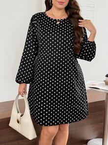 Easowa Curve Đầm thường ngày họa tiết chấm bi cho nữ size lớn, mùa thu - màu đen - Xem 4