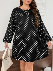 Easowa Curve Đầm thường ngày họa tiết chấm bi cho nữ size lớn, mùa thu - màu đen - Xem 7