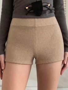 DAZY Solid Color Elastic High Waist Tight Fit Cropped Grey Summer Women Shorts - Khaki - View 2