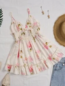 Flirla Plus Size Women's Summer Floral Print Mesh Ruffle Hem Camisole Top,White Curve Flowy Holiday Sundress For Party,European Style Vacation Beach Dress - Multicolor - View 2