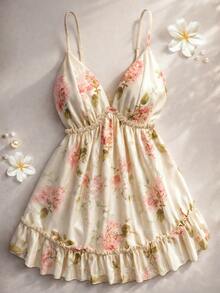 Flirla Plus Size Women's Summer Floral Print Mesh Ruffle Hem Camisole Top,White Curve Flowy Holiday Sundress For Party,European Style Vacation Beach Dress - Multicolor - View 8