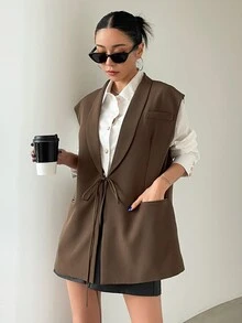 DAZY 純色翻領商務休閒背心，秋季女款西式穿搭服飾 - 咖啡棕 - 查看 6