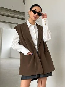 DAZY 純色翻領商務休閒背心，秋季女款西式穿搭服飾 - 咖啡棕 - 查看 3
