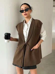 DAZY 純色翻領商務休閒背心，秋季女款西式穿搭服飾 - 咖啡棕 - 查看 7