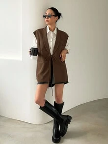 DAZY 純色翻領商務休閒背心，秋季女款西式穿搭服飾 - 咖啡棕 - 查看 5