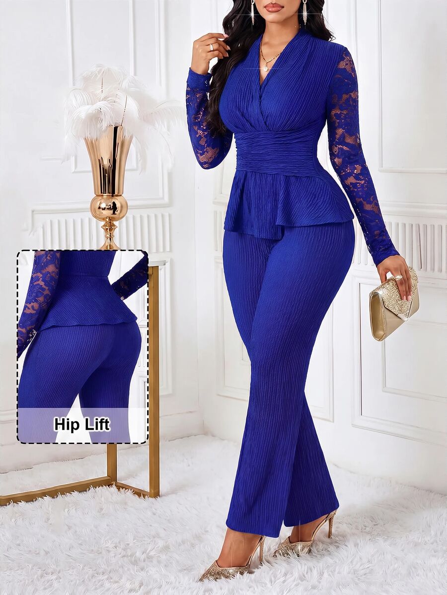 SHEIN Lady 女款優雅通勤辦公室教堂晚餐蕾絲拼接上衣與長褲兩件套 皇家藍 秋季 - 寶藍色 - 查看 1