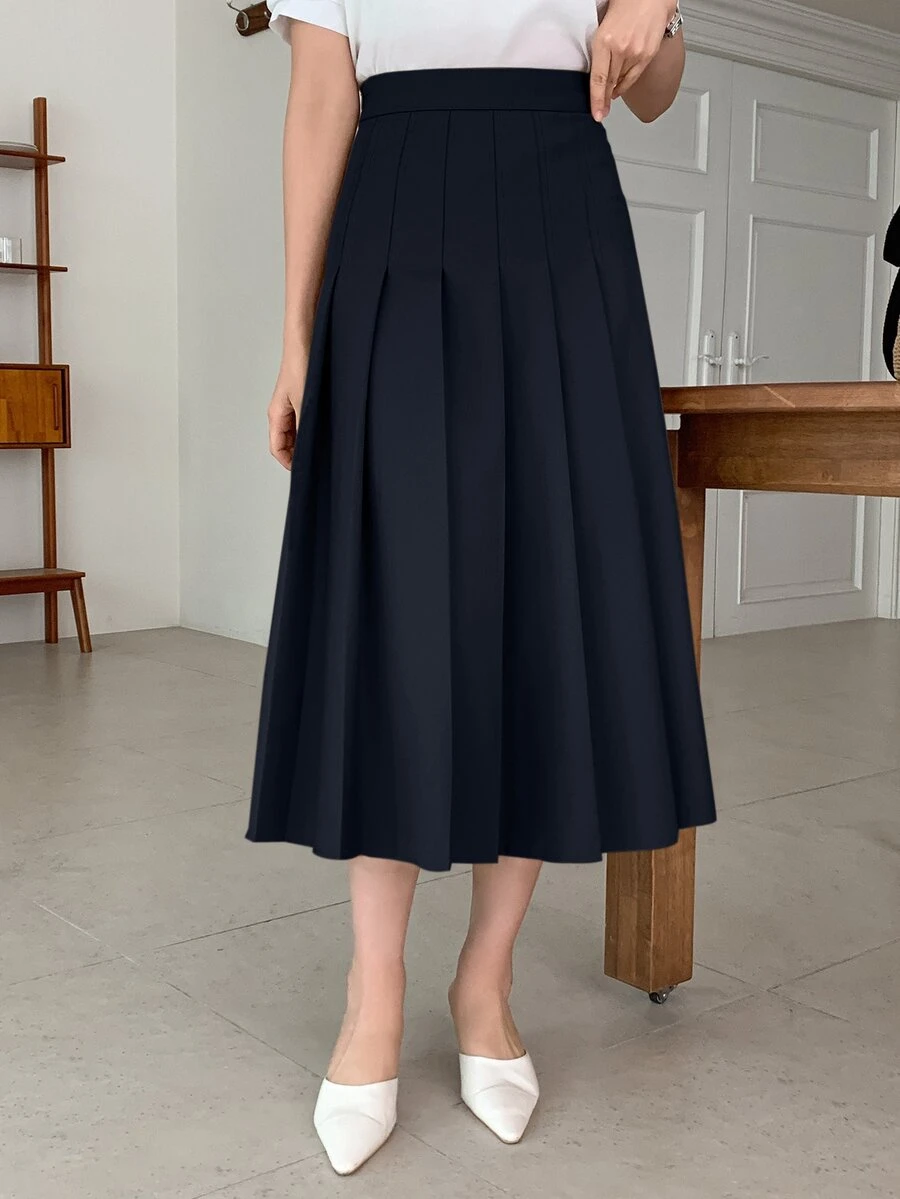 DAZY Simple Solid Pleated Skirt, Casual For Everyday Wear - Navy Blue - View 1