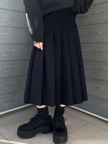 DAZY Simple Solid Pleated Skirt, Casual For Everyday Wear - Navy Blue - View 6