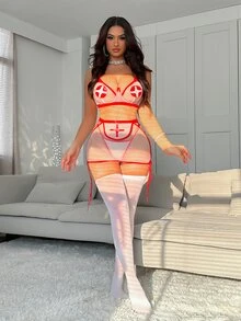 Spicy Aura 5pcs Halloween Style Sexy Lingerie Set - Red and White - View 3