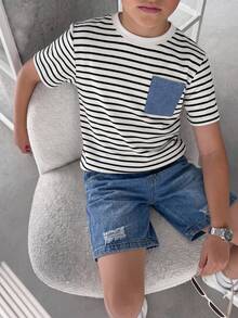 SHEIN Little Byeori 兒童青少年男孩 2件/套 春夏休閒可愛條紋短袖T恤針織上衣與牛仔短褲套裝，適合返校穿著 男孩校服 返校服 - 黑與白 - 查看 4