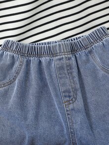 SHEIN Little Byeori 兒童青少年男孩 2件/套 春夏休閒可愛條紋短袖T恤針織上衣與牛仔短褲套裝，適合返校穿著 男孩校服 返校服 - 黑與白 - 查看 9