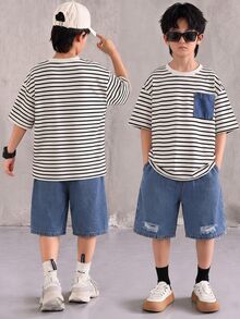 SHEIN Little Byeori 兒童青少年男孩 2件/套 春夏休閒可愛條紋短袖T恤針織上衣與牛仔短褲套裝，適合返校穿著 男孩校服 返校服 - 黑與白 - 查看 6