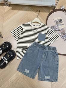 SHEIN Little Byeori 兒童青少年男孩 2件/套 春夏休閒可愛條紋短袖T恤針織上衣與牛仔短褲套裝，適合返校穿著 男孩校服 返校服 - 黑與白 - 查看 11
