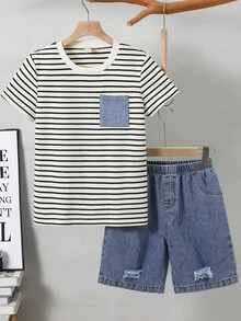 SHEIN Little Byeori 兒童青少年男孩 2件/套 春夏休閒可愛條紋短袖T恤針織上衣與牛仔短褲套裝，適合返校穿著 男孩校服 返校服 - 黑與白 - 查看 3