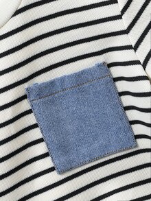 SHEIN Little Byeori 兒童青少年男孩 2件/套 春夏休閒可愛條紋短袖T恤針織上衣與牛仔短褲套裝，適合返校穿著 男孩校服 返校服 - 黑與白 - 查看 7