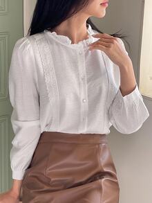 DAZY 女式优雅立领泡泡袖白色衬衫长袖上衣 - 白色 - 查看 8