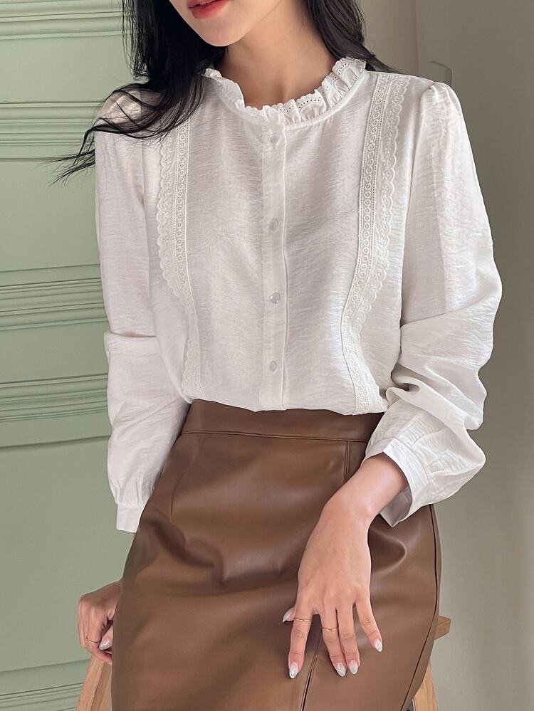 DAZY Women's Elegant Stand Collar Puff Sleeve White Blouse Long Sleeve Top - White - View 7