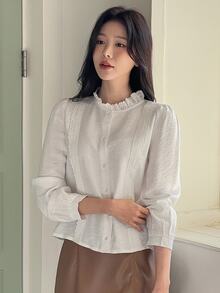 DAZY 女式优雅立领泡泡袖白色衬衫长袖上衣 - 白色 - 查看 2