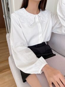 DAZY Lantern Sleeve Eyelet Embroidered Statement Collar Blouse,Long Sleeve Tops,Fall Clothes Preppy Tops - White - View 4