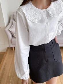 DAZY Lantern Sleeve Eyelet Embroidered Statement Collar Blouse,Long Sleeve Tops,Fall Clothes Preppy Tops - White - View 6