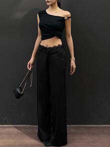 DAZY 宽松休闲撞色蕾丝女式黑色裤子 Y2K 秋季 - 黑色 - 查看 5