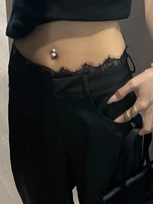 DAZY 宽松休闲撞色蕾丝女式黑色裤子 Y2K 秋季 - 黑色 - 查看 2