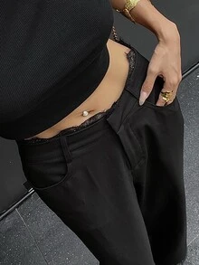 DAZY 宽松休闲撞色蕾丝女式黑色裤子 Y2K 秋季 - 黑色 - 查看 8