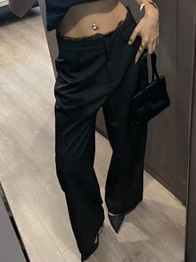 DAZY 宽松休闲撞色蕾丝女式黑色裤子 Y2K 秋季 - 黑色 - 查看 4
